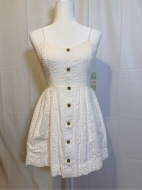 Gianni Bini White Textured Button-Front Spaghetti Strap Dress